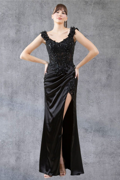 Womens Satin Evening Gown with Beaded Bodice and High Slit – Formal Dress for Gala, Prom, or Wedding 4/XS-16/3X